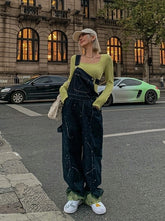 Vibing-Women's denim strappy pants retro loose straight reduce age